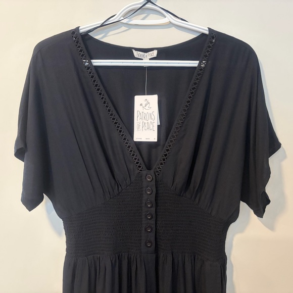 Patrons of Peace Black Wide Leg Jumpsuit with Smocked Waist & Pockets NWT! - Picture 3 of 12